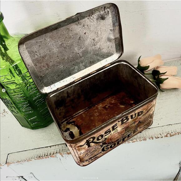 Antique Rare Shabby Rose Bud Coffee Tin Can Canister Box Hinged Lid Paper Label - Picture 10 of 10